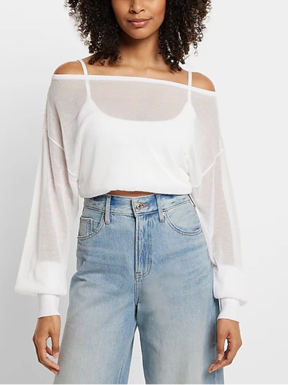 Express White Sheer Off-Shoulder Cropped Top